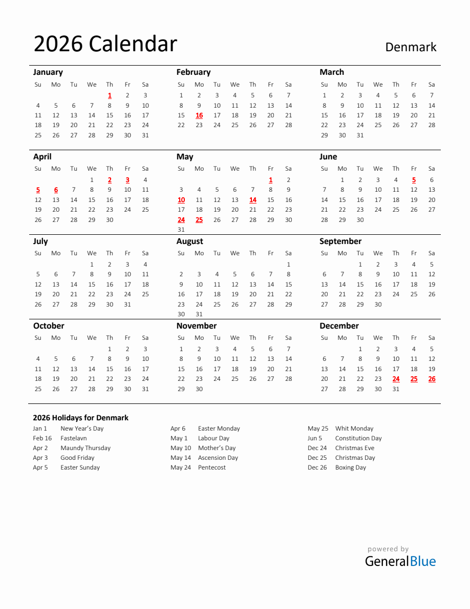  Standard Holiday Calendar for 2026 with Denmark Holidays 