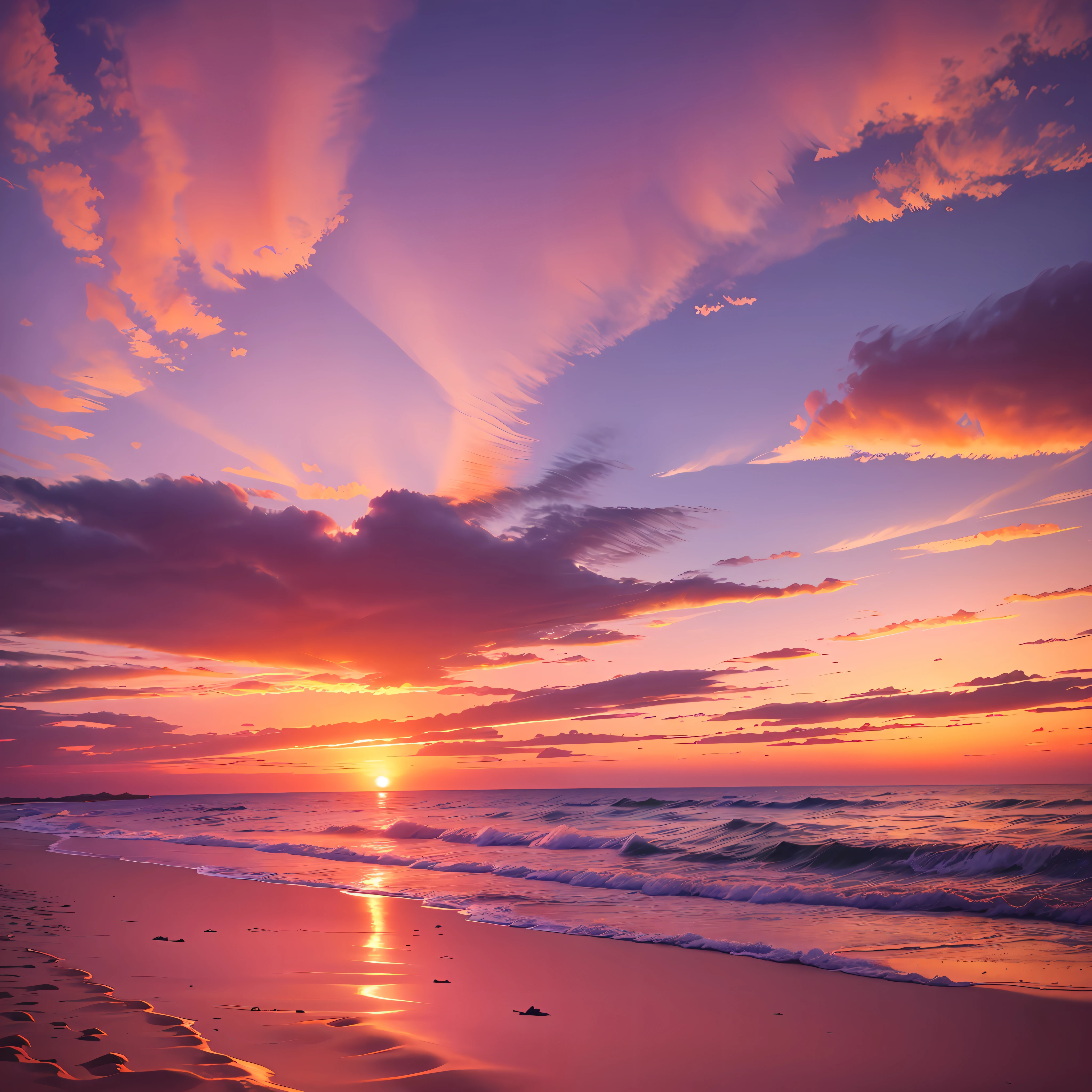  Arafed view of a sunset over the ocean with a beach and waves - SeaArt AI Bildidee 