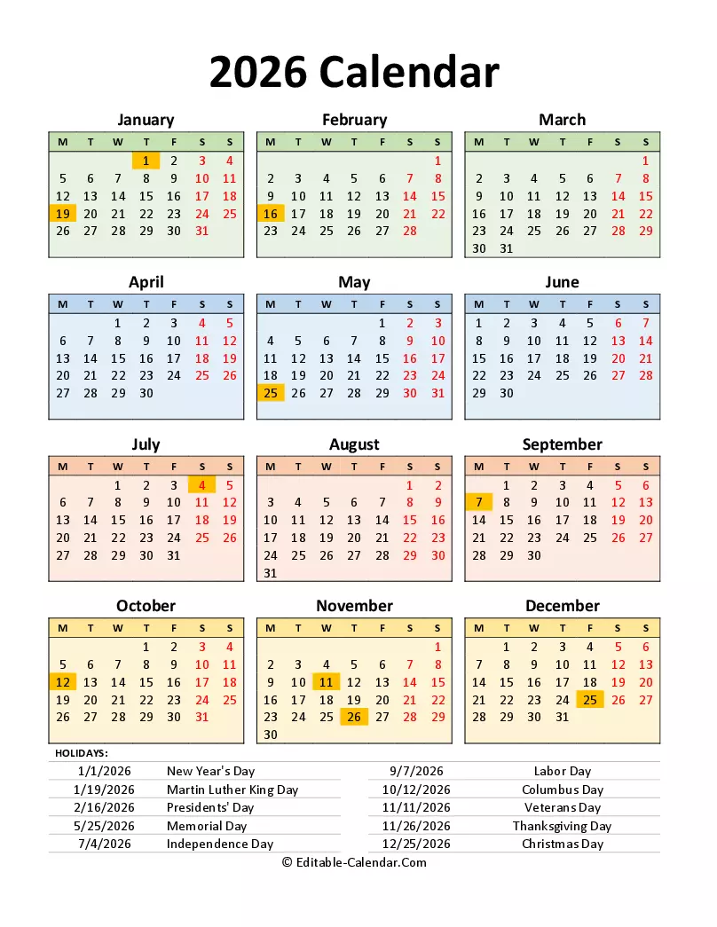  Download Editable 2026 Calendar With Us Holidays Portrait, weeks start Motiv 