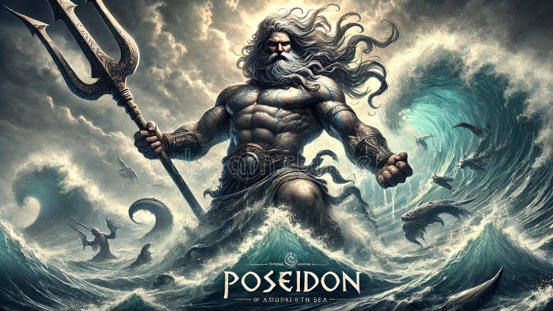 Poseidon Wielding Trident Amidst Stormy Seas Stock Illustration
