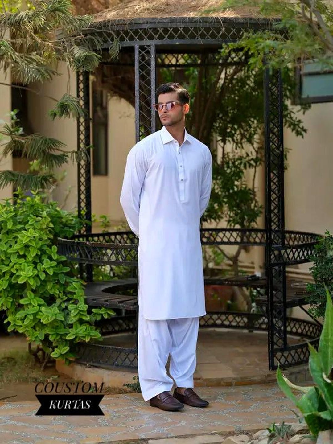 White Cotton Men's Kameez Shalwar: Pakistani Long Sleeve Salwar Kameez Motiv 
