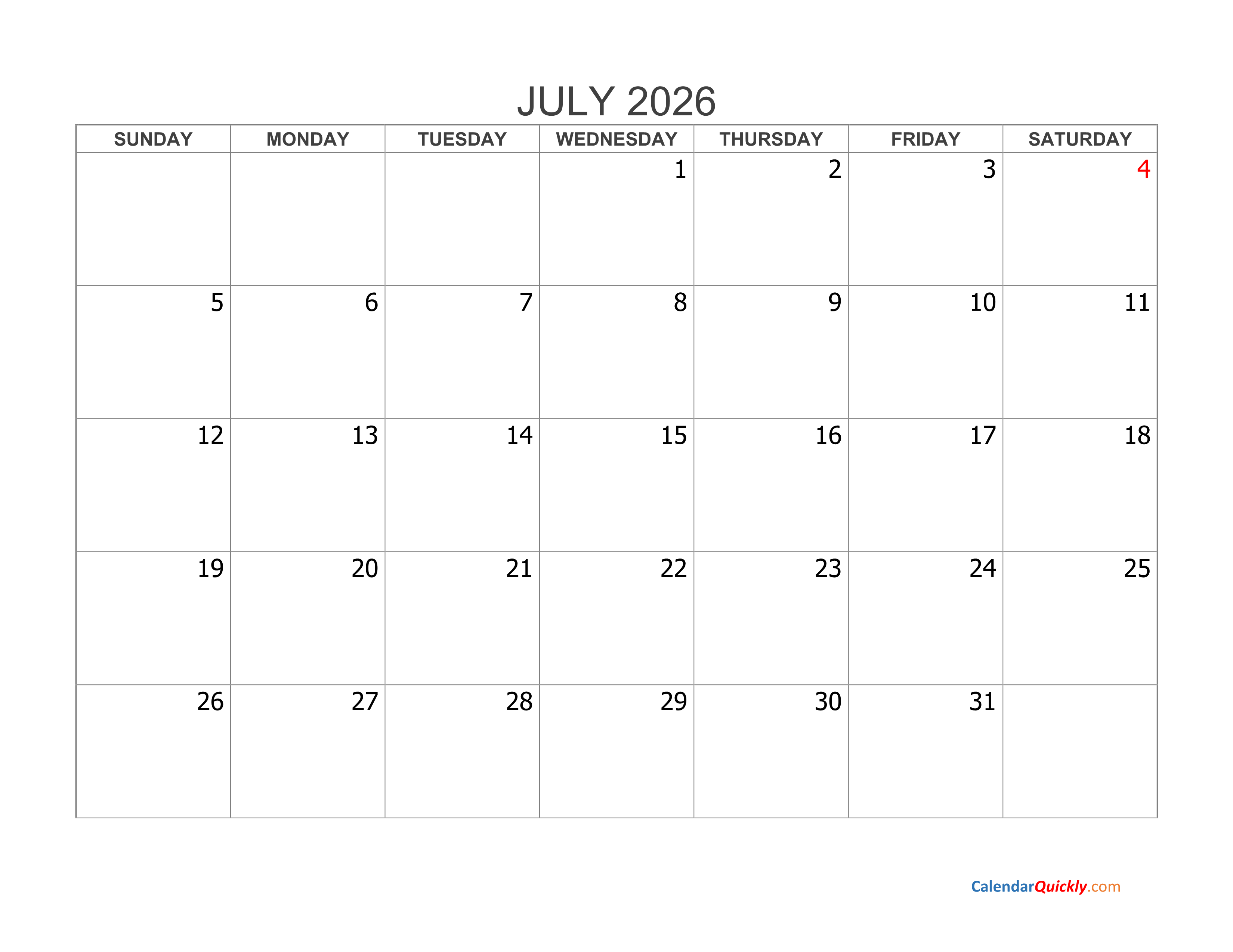 July 2026 Blank Calendar | Calendar Quickly