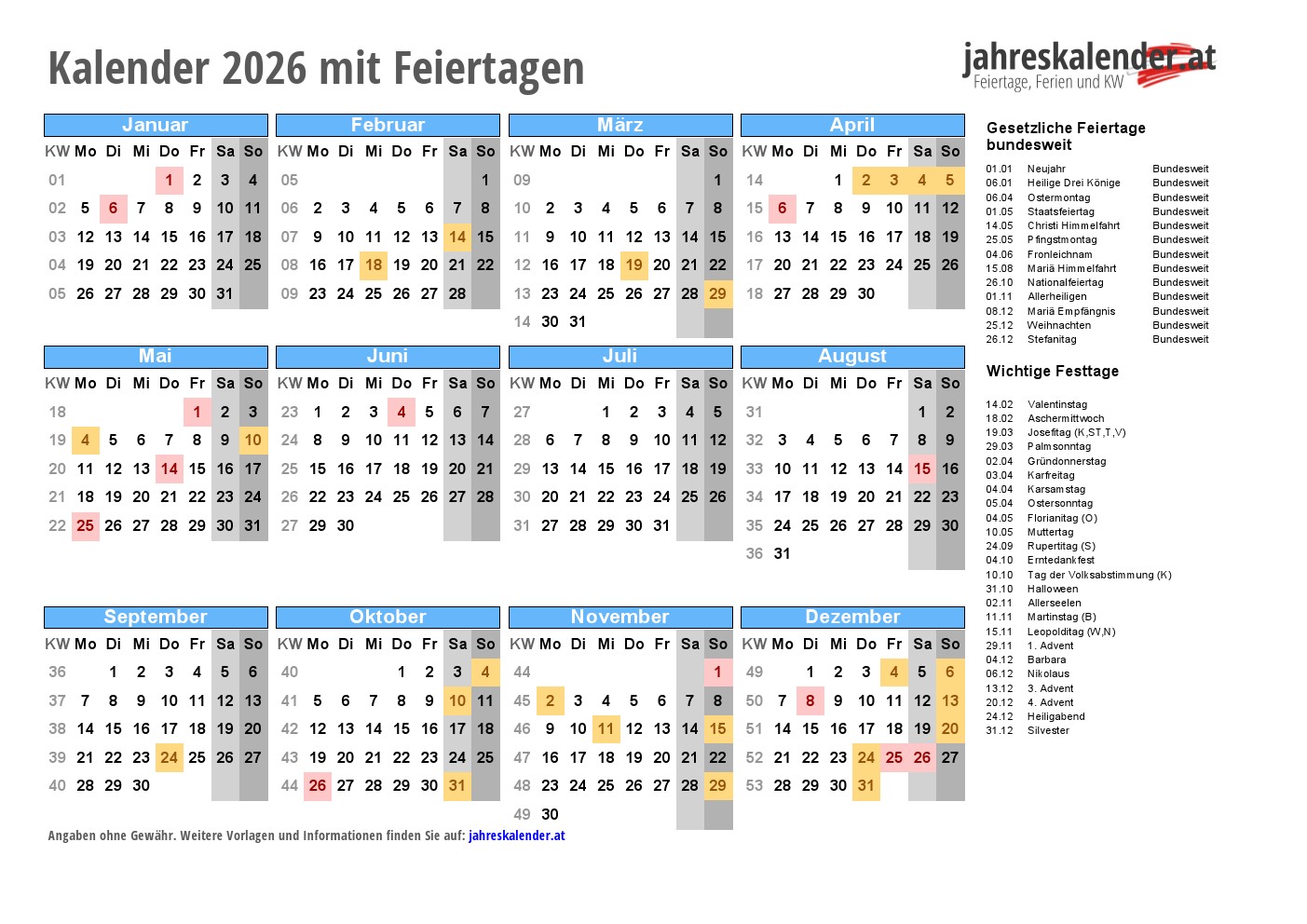  Kalender 2026 Feiertage Oesterreich Bildidee 