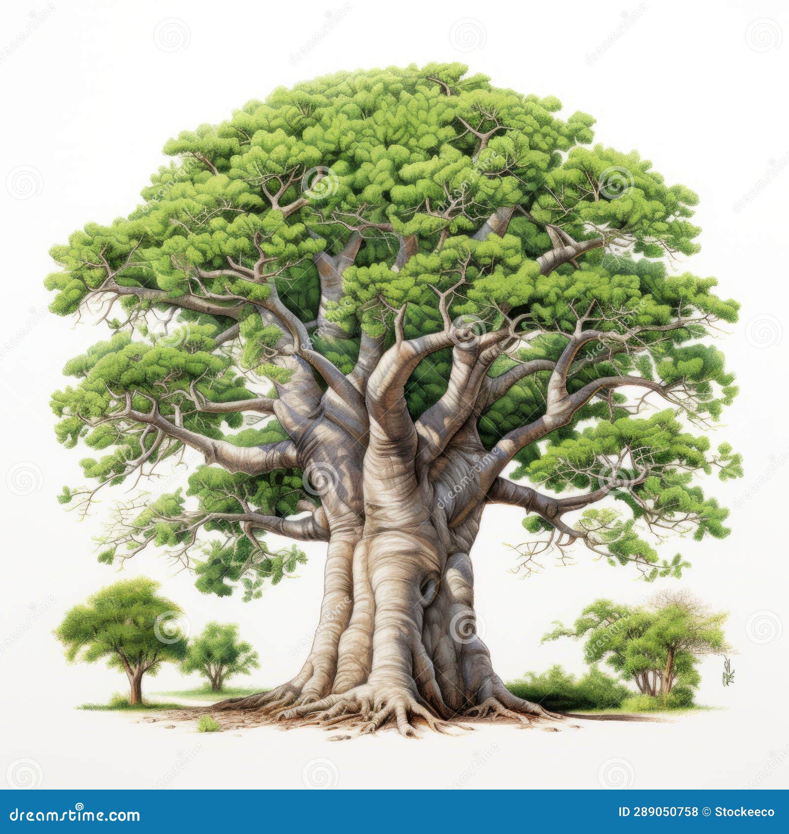 Detailed Baobab Tree Painting on White Background Stock Illustration