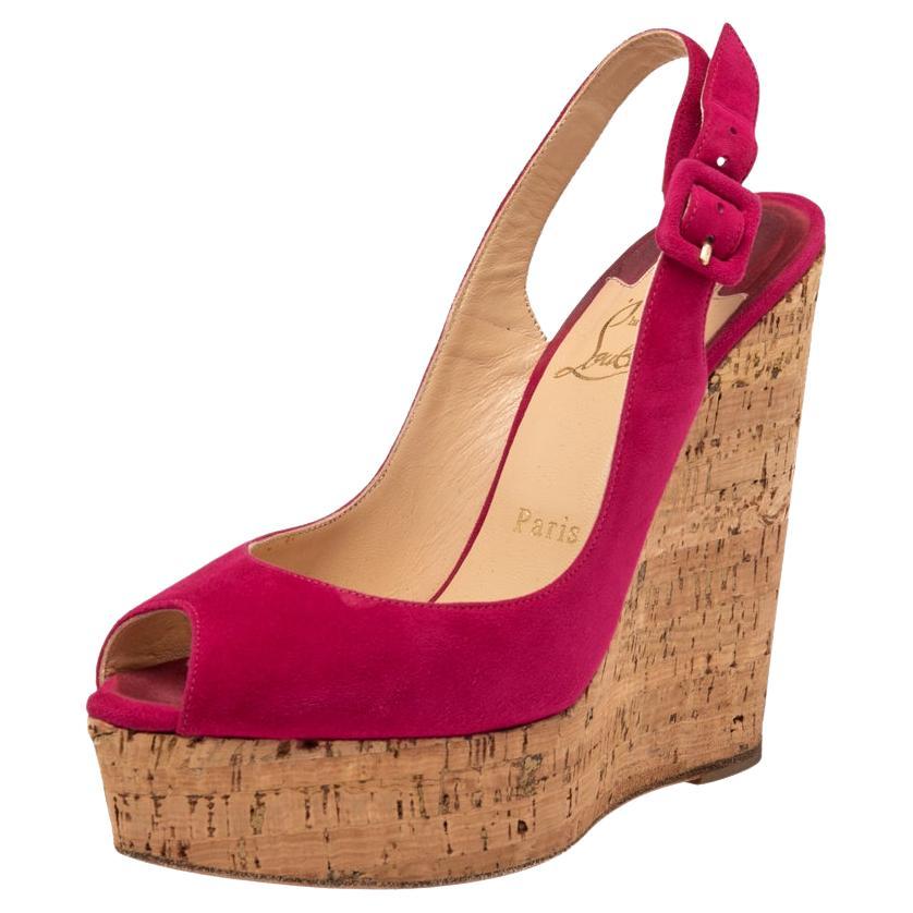 Christian Louboutin Red Suede Une Plume Peep Toe Slingback Cork Wedges