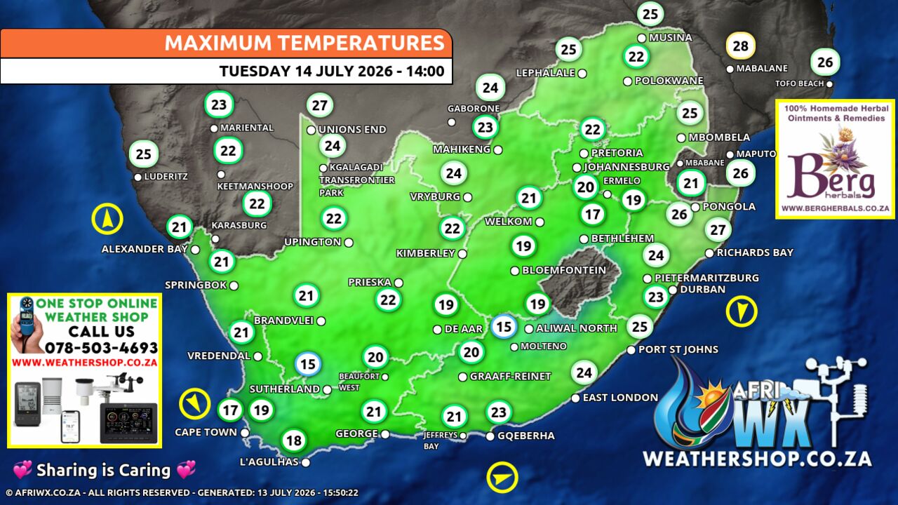  Southern Africa Weather Forecast Maps Tuesday 14 July 2026 - AfriWX Motiv 