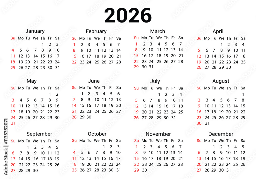  Calendar 2026 year vector illustration, Week Start on Sunday, Monthly Illustration 