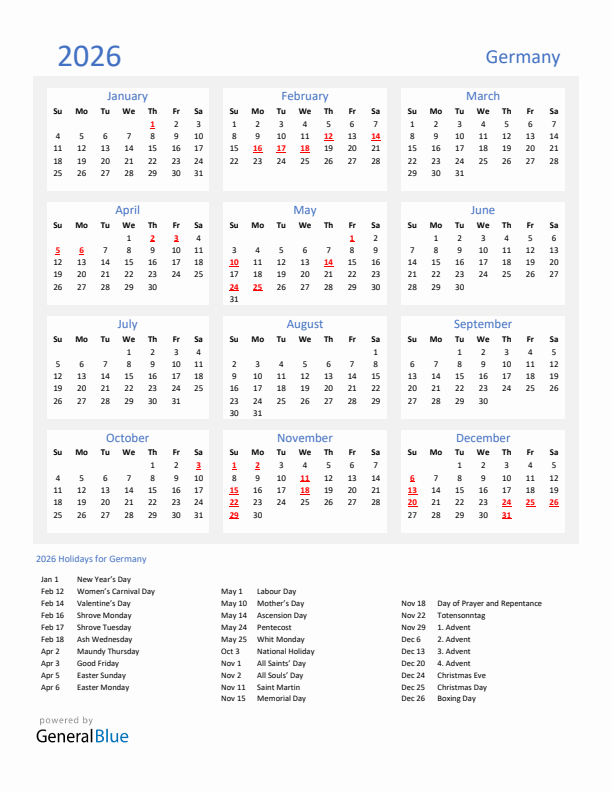  Foto zu Germany 2026 Calendar with Holidays 