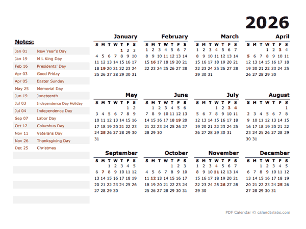  2026 Year Calendar Template with US Holidays - Free Printable Templates Illustration 