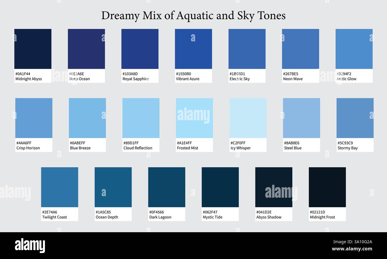 Color Palette 20 Shades of Blue - Aquatic and Sky Tones with HEX Codes