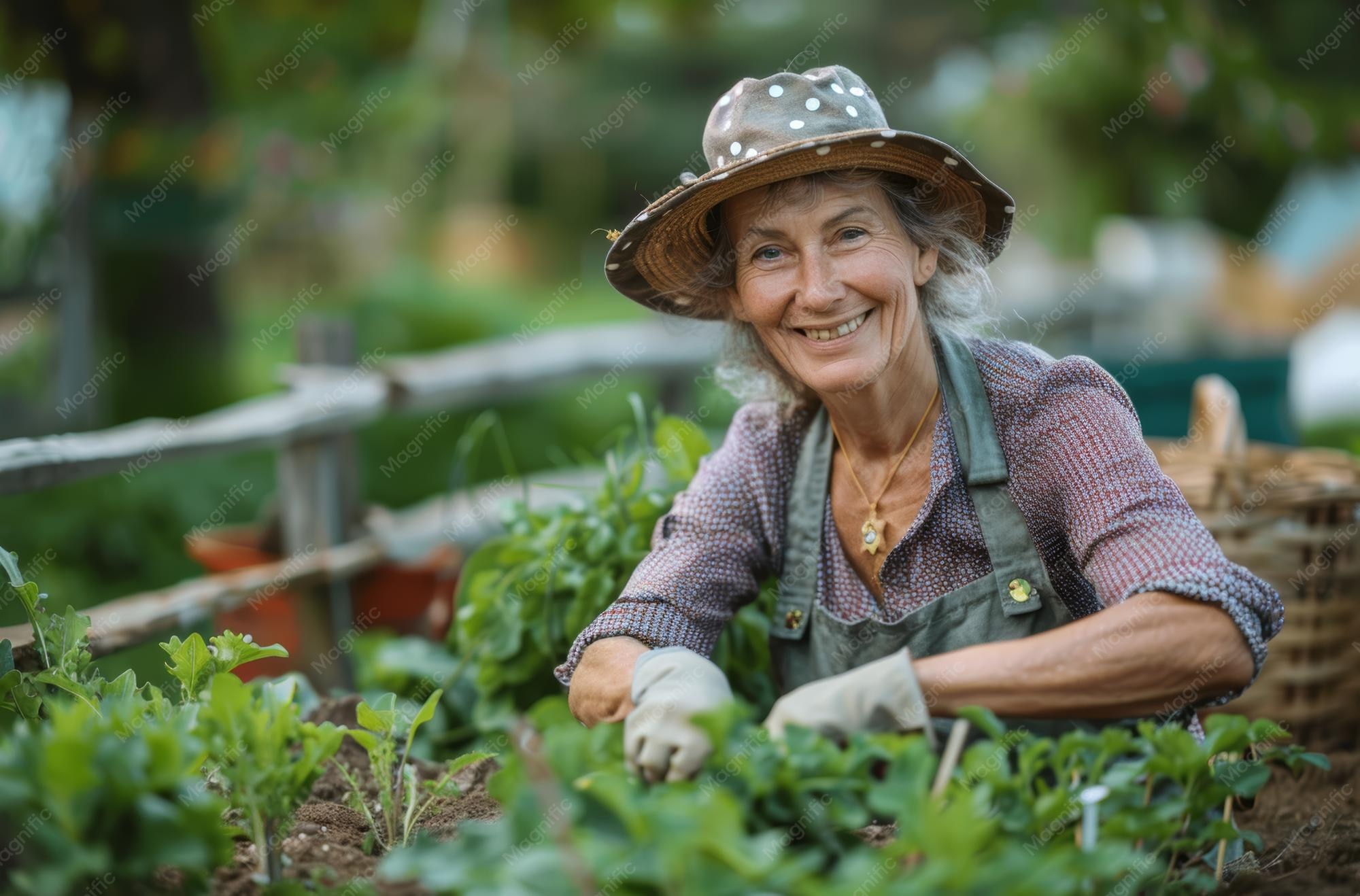 Premium Photo | Elderly woman gardening with a smile wearing a hat and
