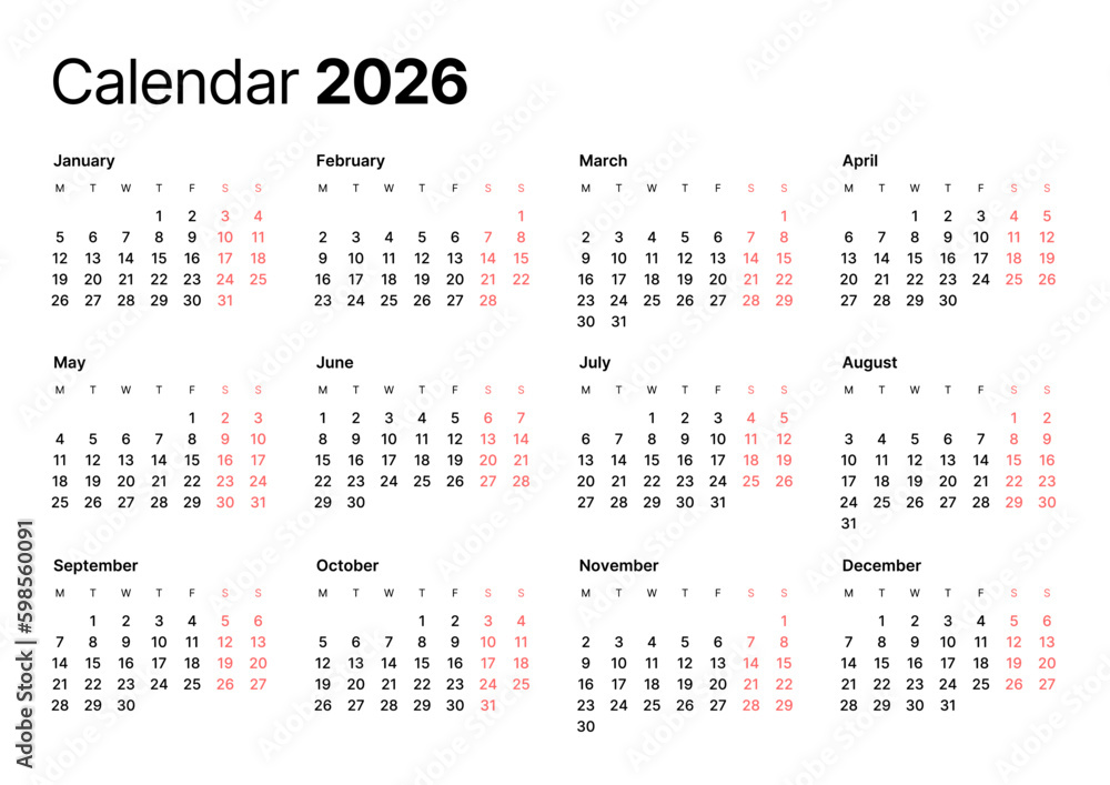  Foto zu Annual calendar template for 2026 year. Week Starts on Monday. Business 